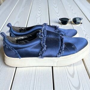 Sam Edelman Levine Navy Blue Satin Frayed Slip-On Loafers Women’s Size 8.5